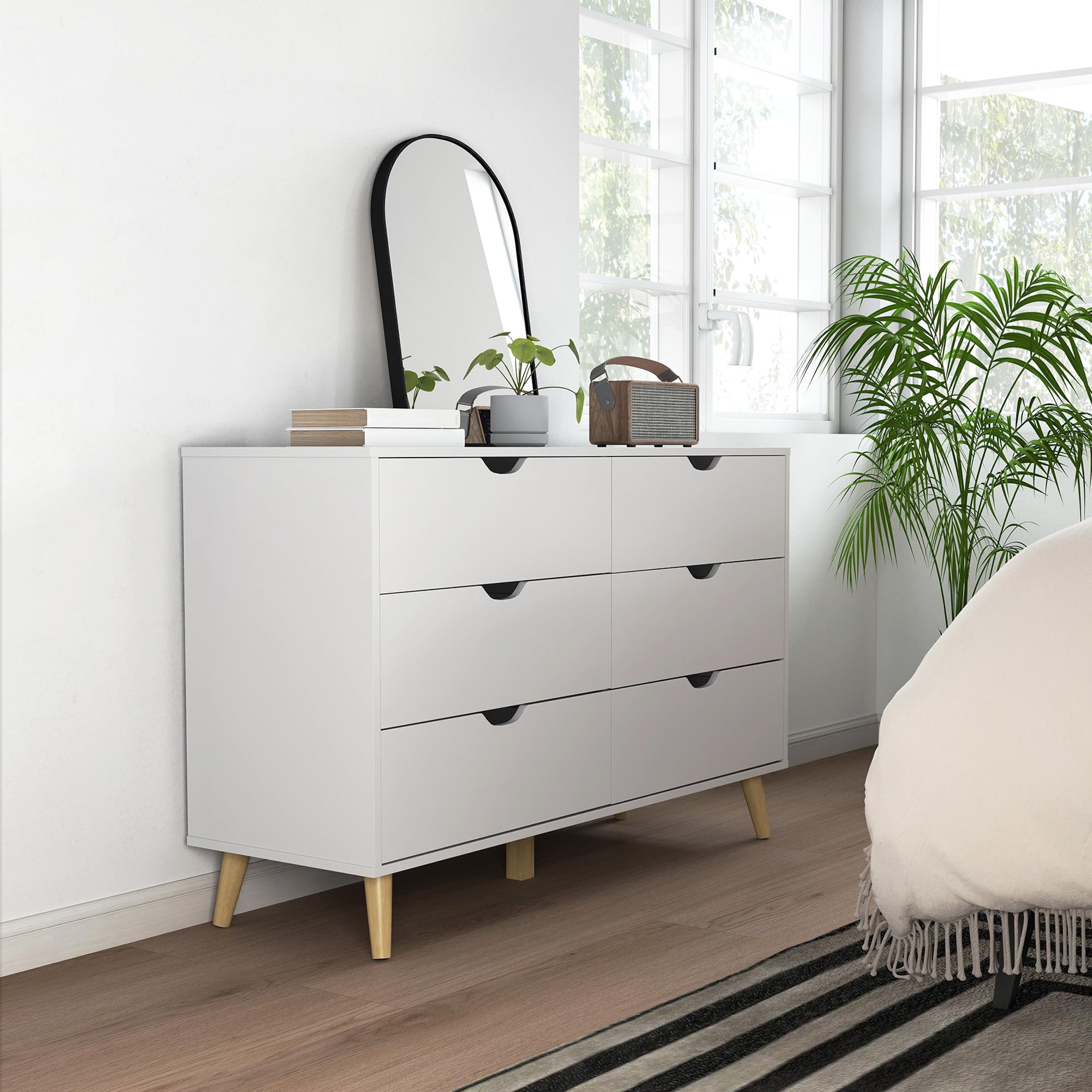 HOMCOM Commode 6 tiroirs Armoire avec tiroirs Meuble de Rangement Pieds en Bois Massif Style Moderne 120 x 40 x 76 cm Blanc
