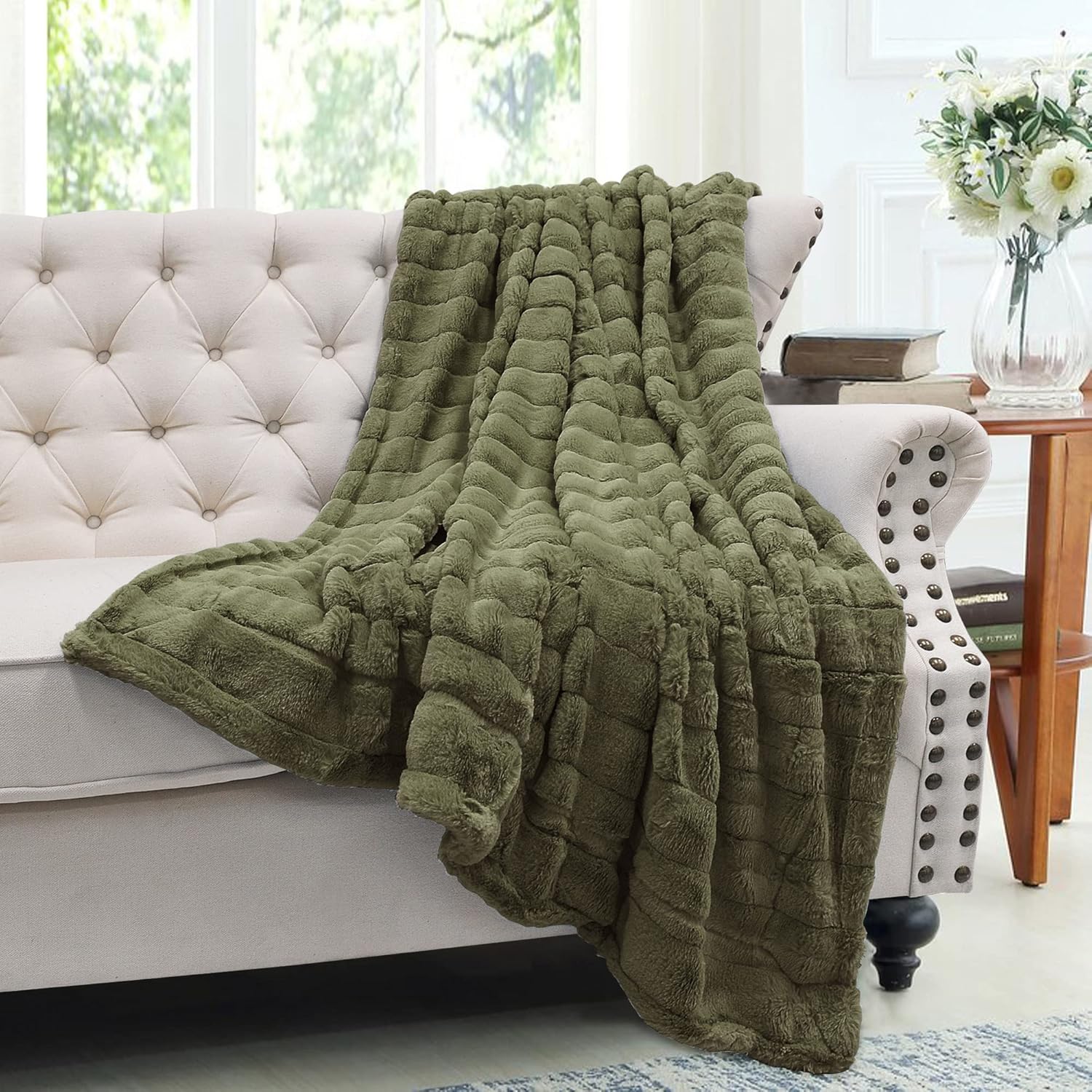 Home Soft Things Super Mink Faux Fur Throw, 50'' x 60", Olive, Luxurious Fluffy Cozy Elegant Fuzzy Blanket with Sherpa Backing for Couch Living Room Bedroom Home Décor