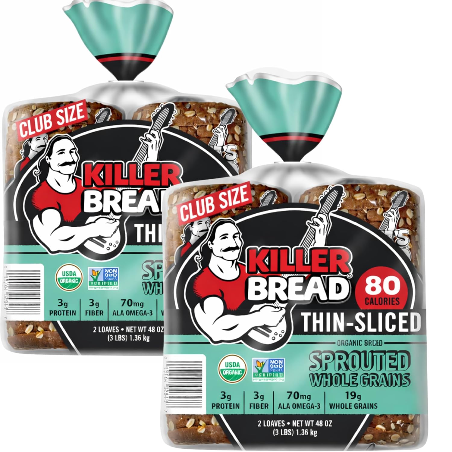 Killer Bread Organic Thin Sliced Sprouted Whole Grains Bread, Soft Sandwich Bread, USDA Organic, Non-GMO, 48 oz Loaves (2 Pack, 96 oz Total)