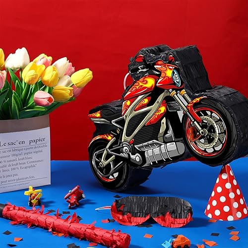 Miniatura 3 de Shappy Piñata de tren 3D, piñata roja para motocicleta, pequeña decoración de cumpleaños con palo para los ojos, confeti, ferrocarril, bicicleta,