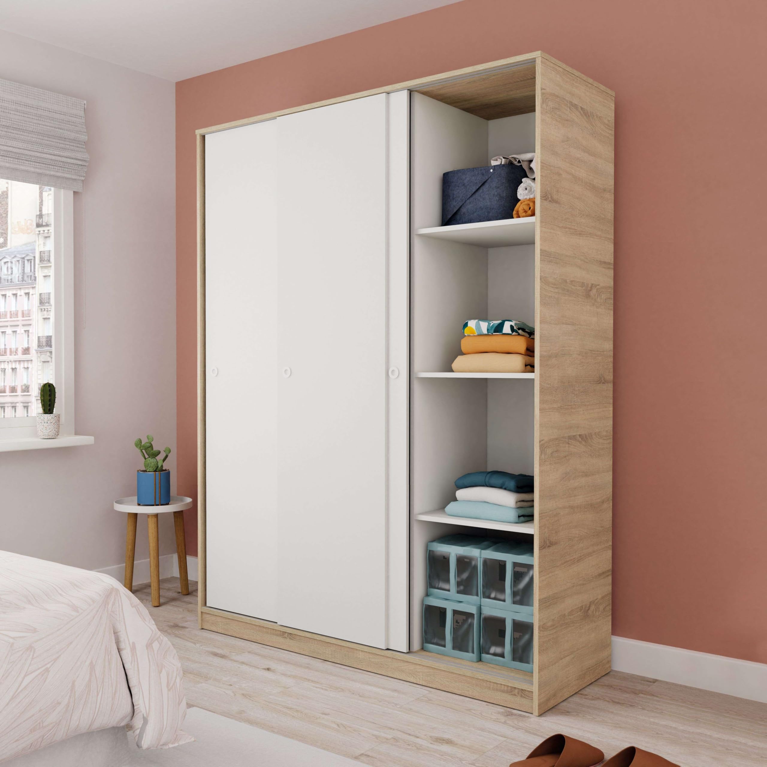 MUEBLES PITARCH Armario Grande Tibet con 3 Puertas Correderas Roble Cambrian, Blanco Mate o Roble y Blanco 150x200cm