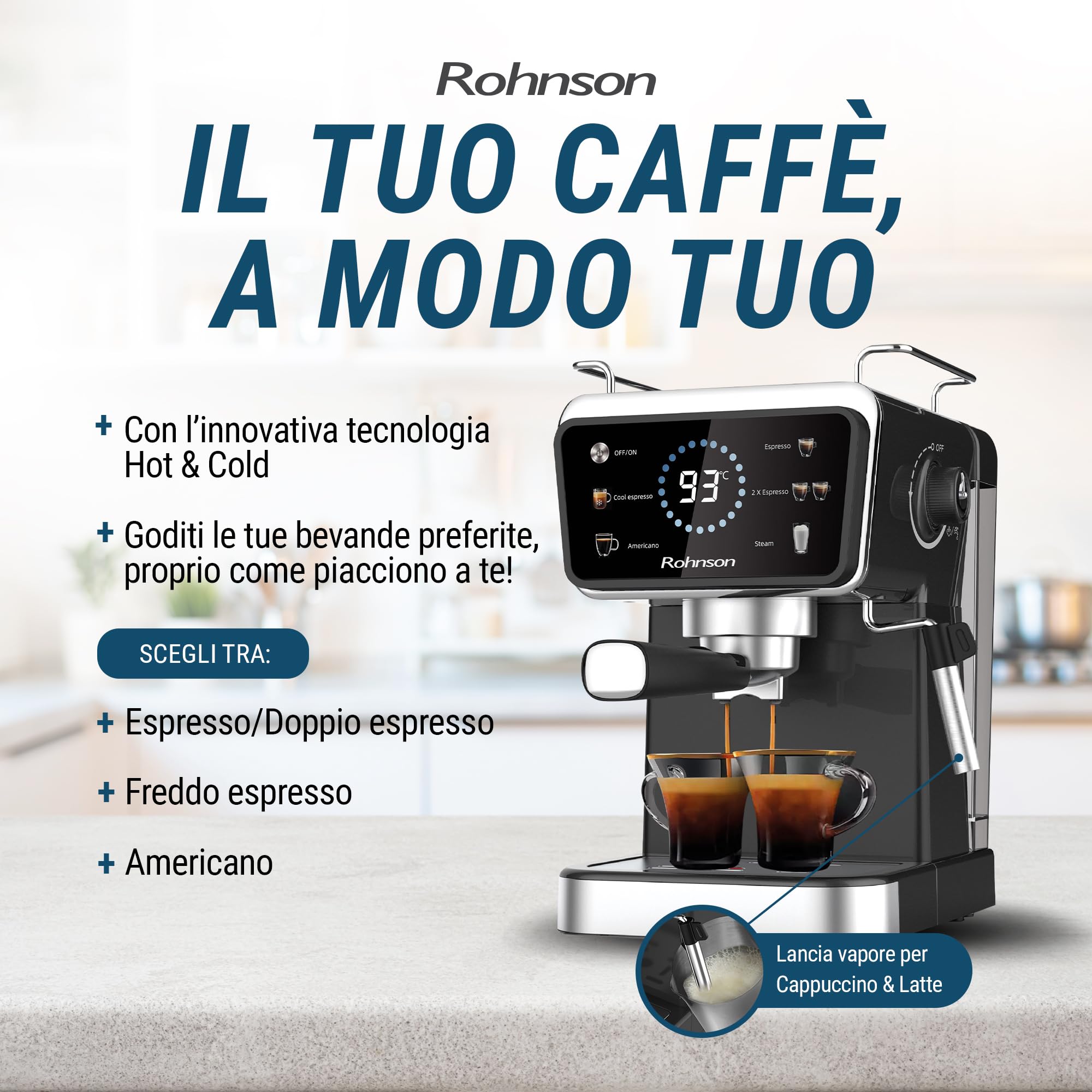 Rohnson Macchina per Espresso Caffè Macinato, Pompa da 20 Bar, Serbatoio Acqua Rimovibile da 1,5 L, 1350W, Tecnologia Caldo e Freddo, Lancia Vapore per Latte, Facile da Pulire, Design Efficiente