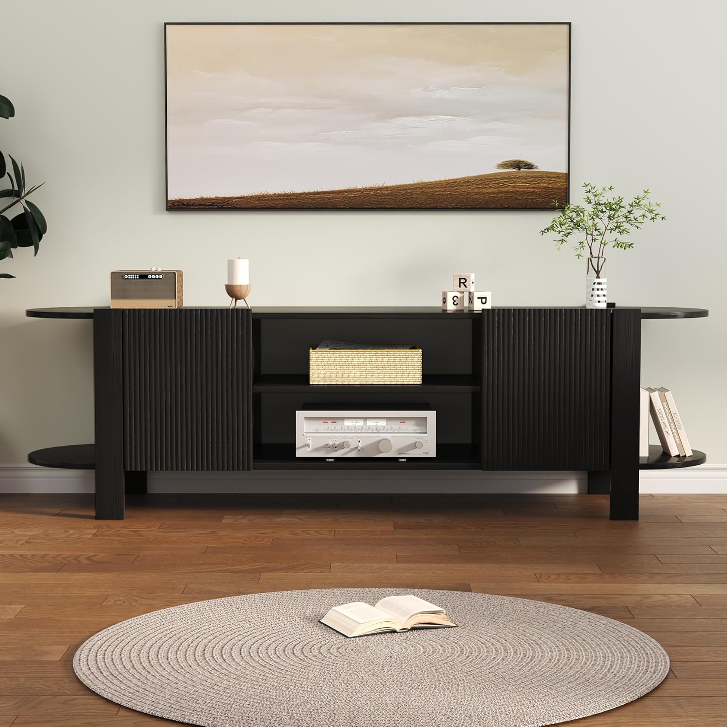 65 Inch TV Stand for Up to 75 inch TVs, Fluted Entertainment Center with Adjustable Shelve, Curved Round Corner TV Console Table with Storage Cabinet for Living Room, Bed Room (Black) - Image 6