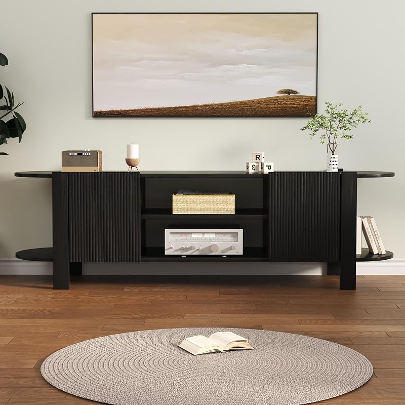 65 Inch TV Stand for Up to 75 inch TVs, Fluted Entertainment Center with Adjustable Shelve, Curved Round Corner TV Console Table with Storage for Living Room, Bed Room (Black) image 6