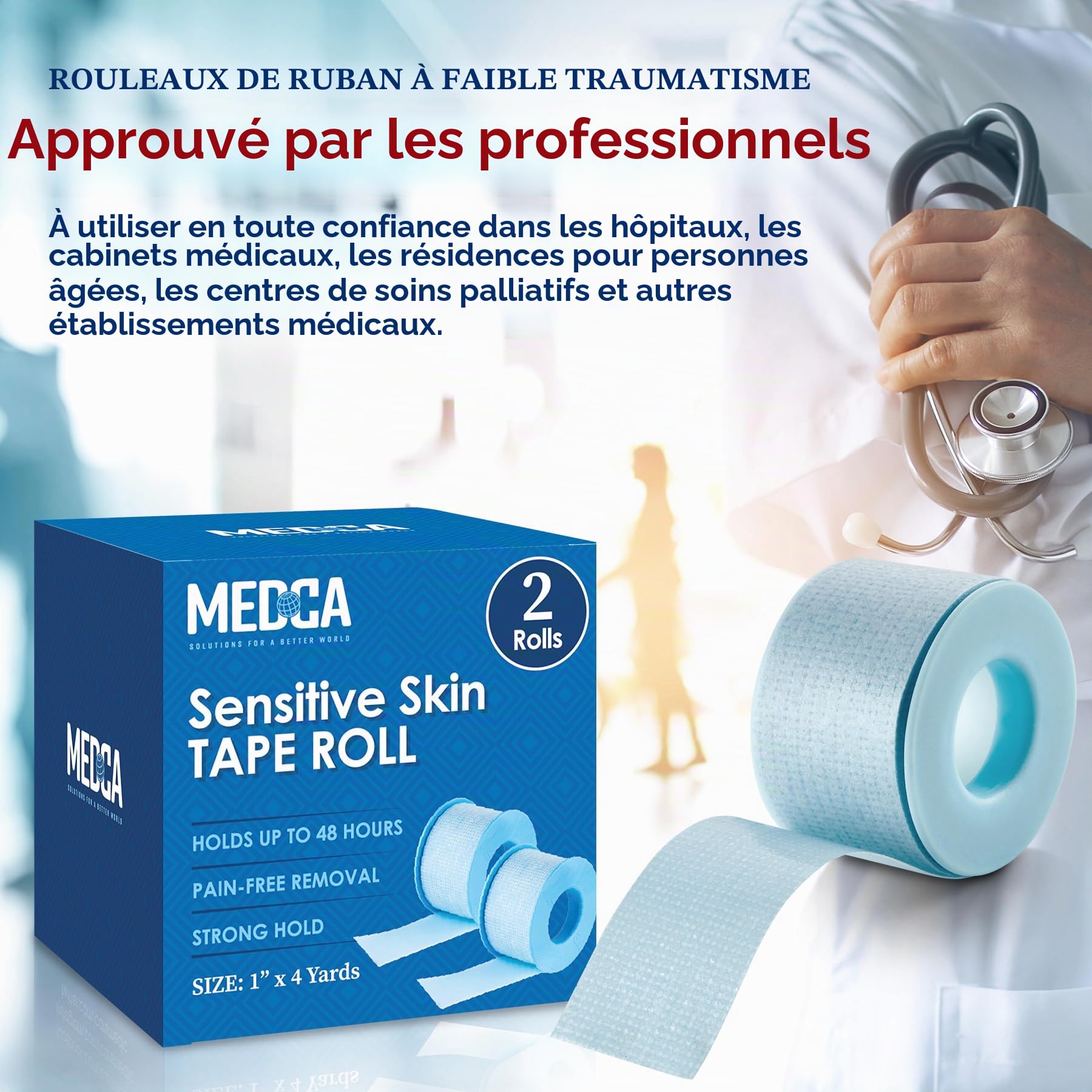Rouleau de ruban adhésif MEDca pour peaux sensibles à faible traumatisme, 1 pouce x 4 mètres, paquet de 2 rouleaux
