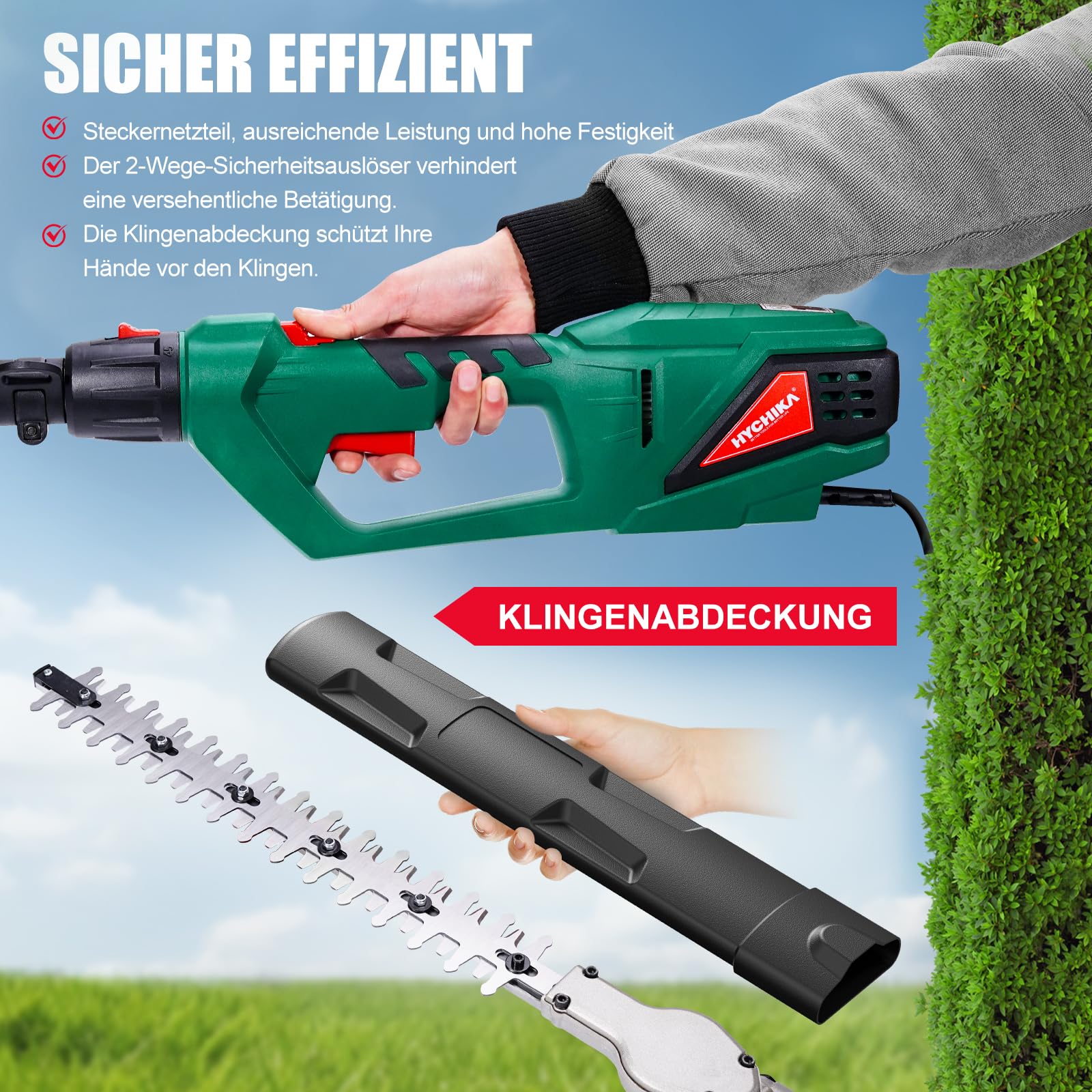 HYCHIKA Teleskopheckenscheren Elektrisch 900W, Heckenschere Teleskop-Astschere, Power Hedge Trimmer, Hochentaster 200-250 cm Verstellbare Reichweite, Schwenkbarer Kettensägenstab für Hof & Garten