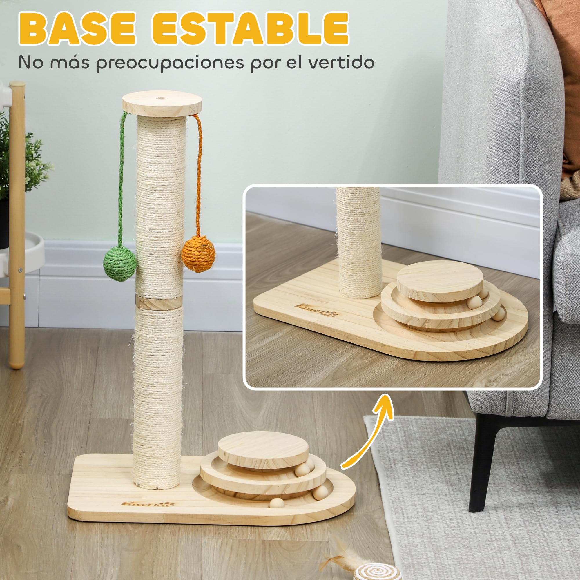 PawHut Tiragraffi 56,5 cm con sisal legno naturale | Grattatoio con 3 palline sospese, palla a tracciato