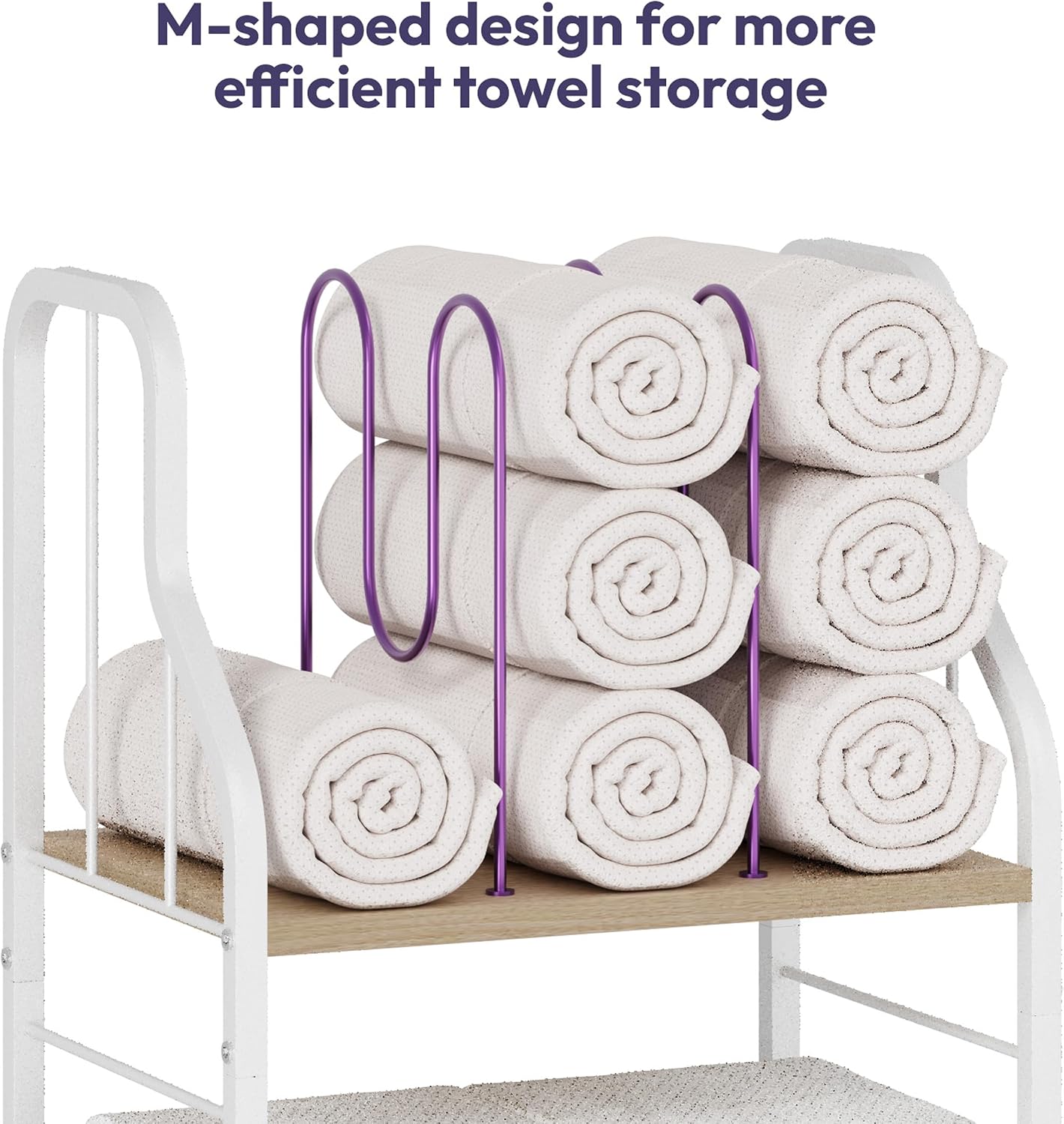 SWTYMIKI Free Standing Towel Rack - 3 Tier M-Shaped Detachable Dividers Towel Shelf for Bathroom, Durable Metal Pool Towel Holder, Modern Space-Saving Bath Towel Storage Organizer