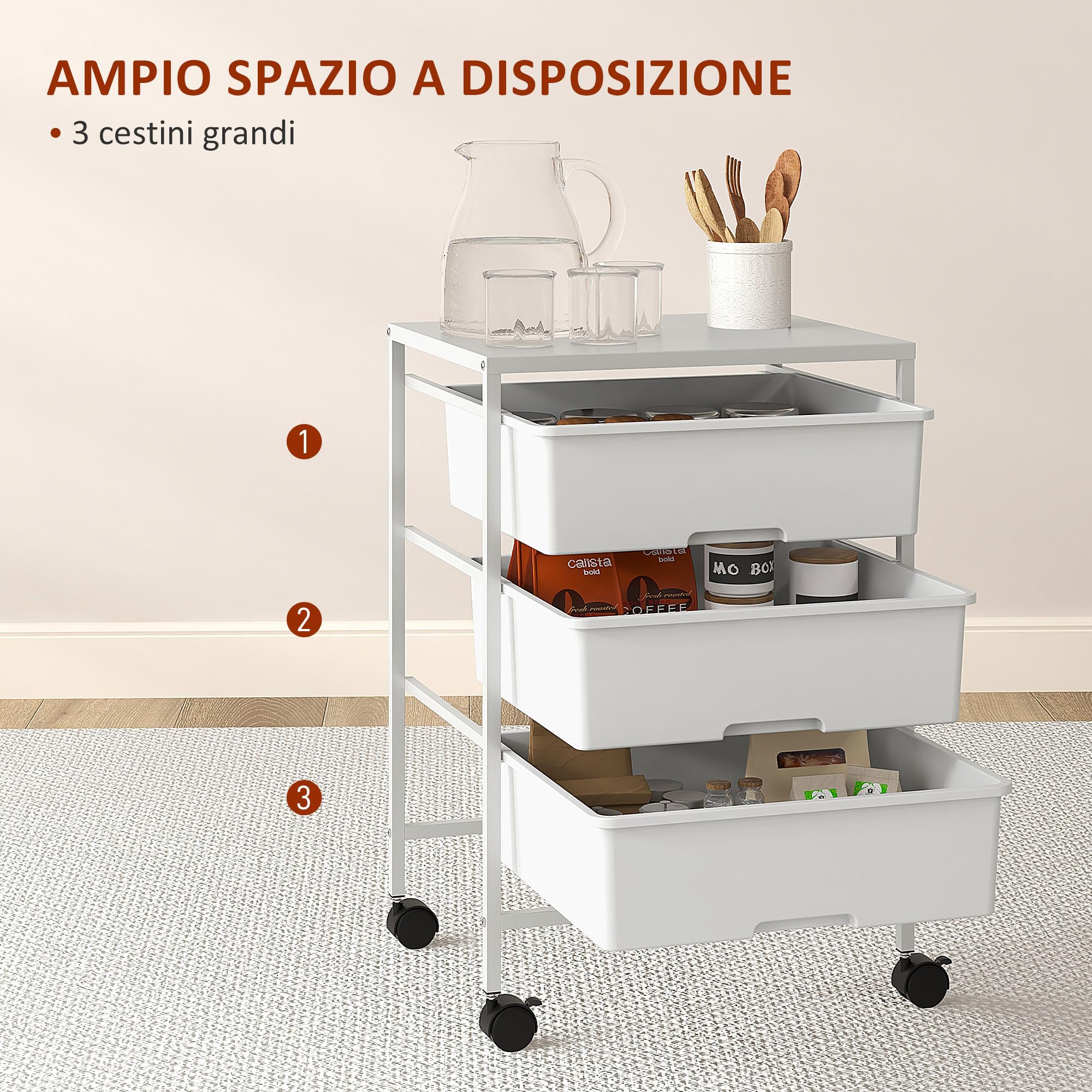 HOMCOM Carrello Portaoggetti con 3 Cestini Estraibili e Ruote, Carrello da Cucina Salvaspazio in Acciaio e Plastica, Bianco