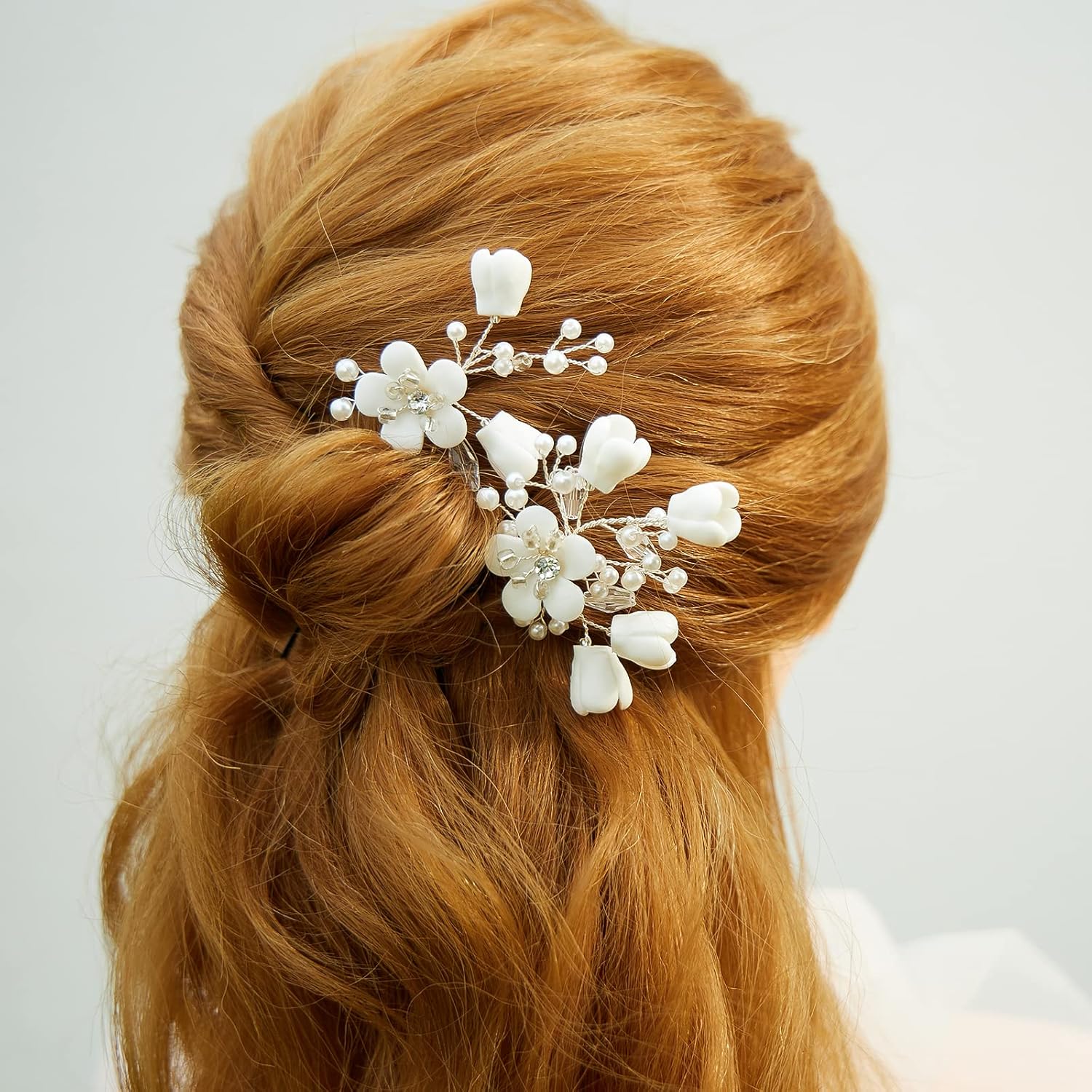 Sooshin 2 Pieces Porcelain Flower Bridal Hair pins Pearl