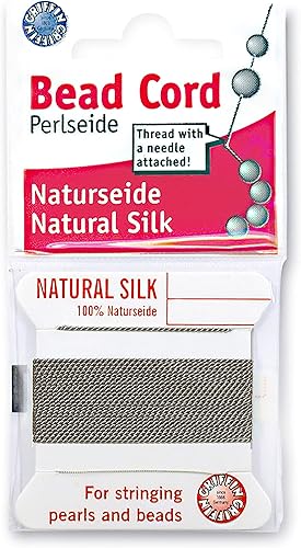 Griffin Cordón de cuentas de seda Perlseide  Color gris  Tamaño 2 (0.018in)  6.6ft por tarjeta  Aguja de acero inoxidable adjunta  para anudar