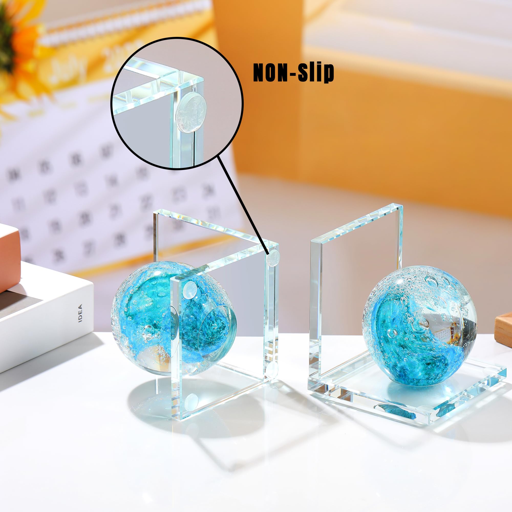 Buchstützen aus Glas mit türkiser, mundgeblasener Meereswelle, 2 Stück | Buchstützen für Regale, dekorativ, cool, Kristall, nautisch, Ozean, schwer, Küstenbuchstützen, moderne Buchstützen