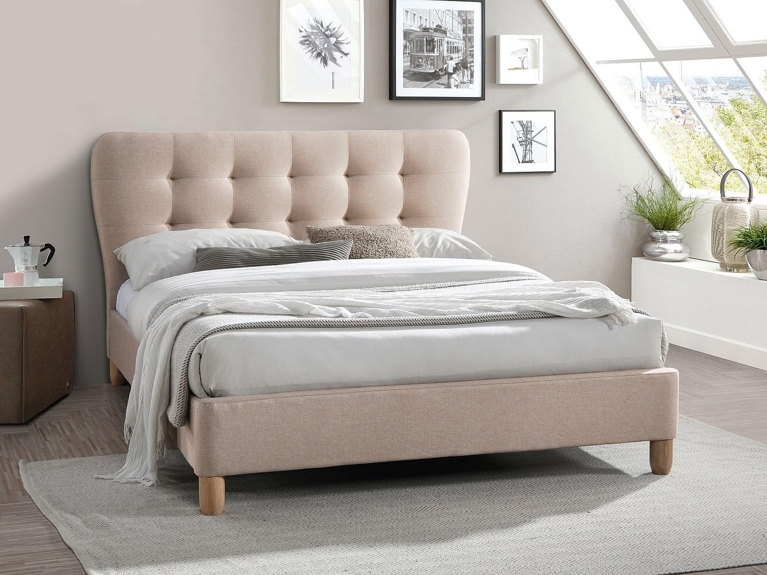 Vente-unique - Letto 160 x 200 cm con testata trapuntata Tessuto Beige + Materasso - ELIDE