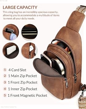 Sling Bag for Women, Crossbody Chest Travel Purse Brown | Crossbody Bag with Dual Zipper Main Compartment, 5 Pockets & 4 Card Slots, Reversible Design, Multiple Colors Available
