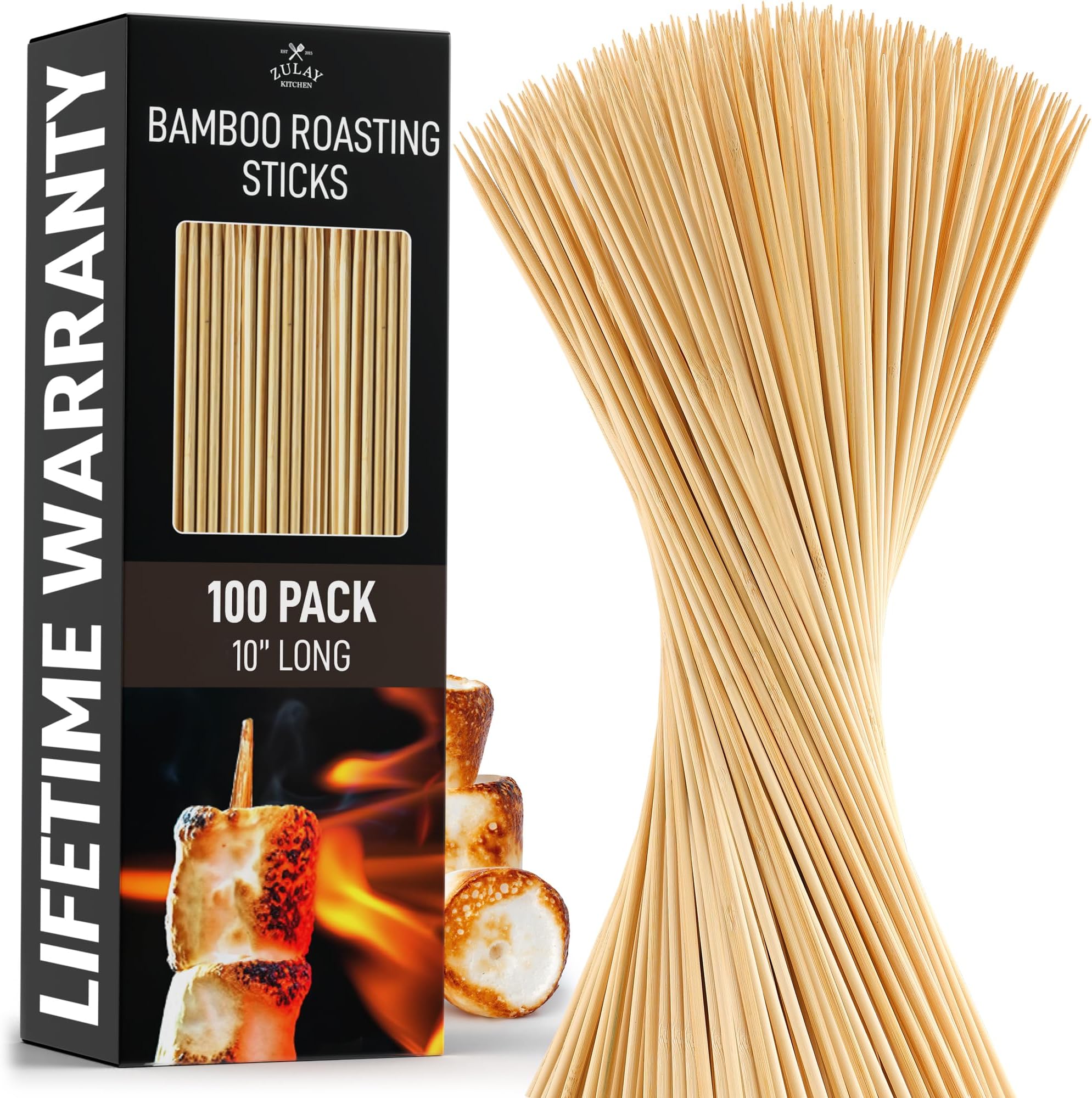 – 100 Pack Bamboo Wooden Skewers - 10" Marshmallow Roasting Sticks & Barbeque Skewers For Campfire - Authentic Bamboo Sticks & Smores Sticks For Grilling Hotdogs, Kabobs, BBQ, & More