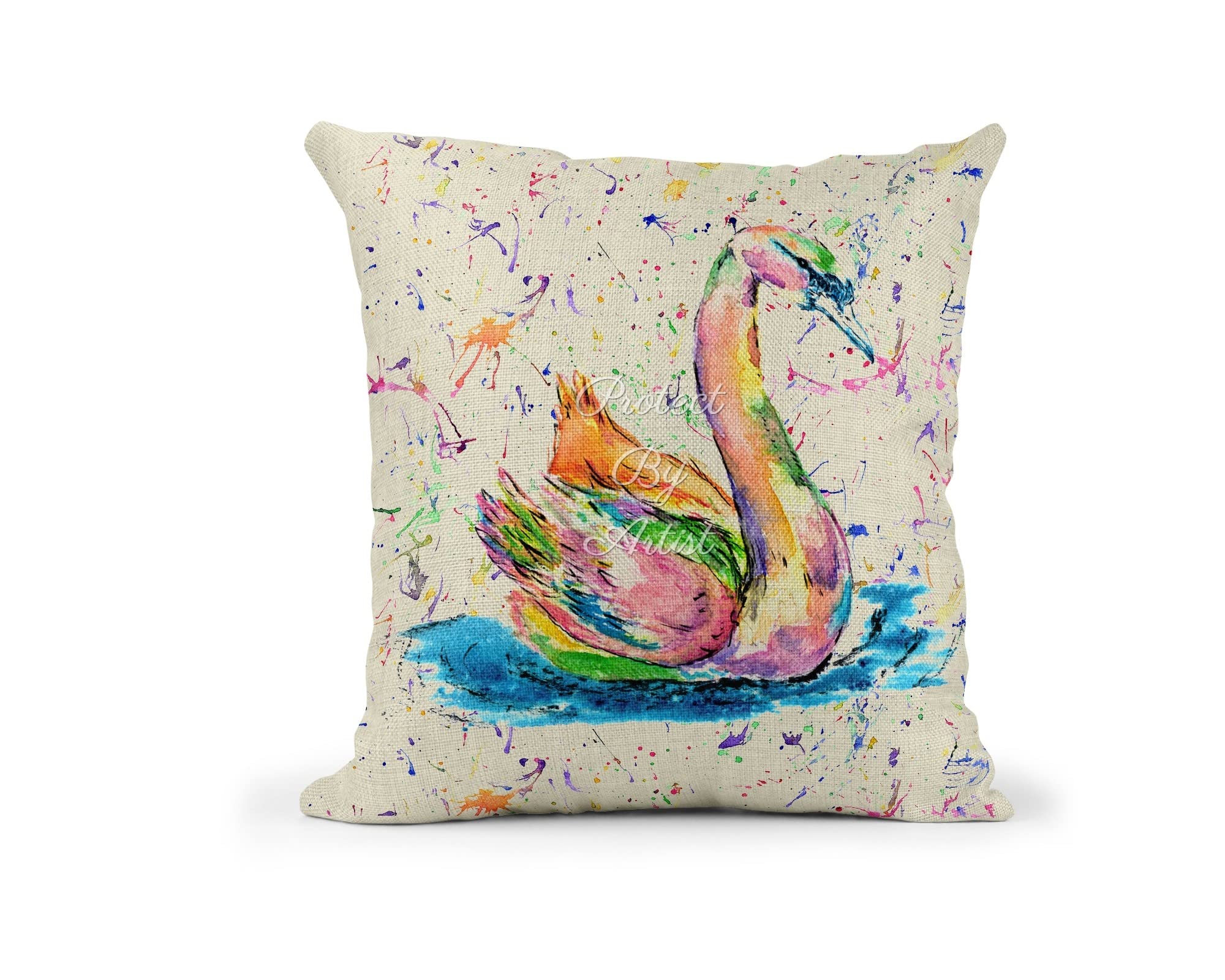 Vixar Swan Watercolour Rainbow Art Farm animal Linnen Cushion With filling or cover only, 40x40cm, gift, christmas, Birthday (Cover Only) (Cover Only)