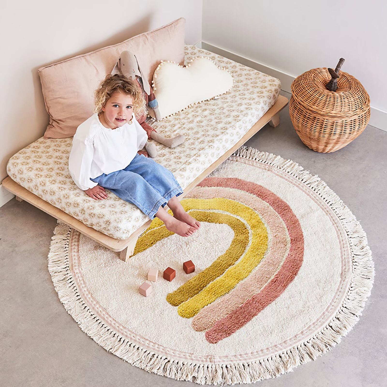 Tospass Kinderzimmer Teppich Regenbogen Weicher Rund Quasten Waschbarer Kinder Teppich Schlafzimmer Junge Mädchen Kurzflor rutschfest Teppich, 100 cm Rund