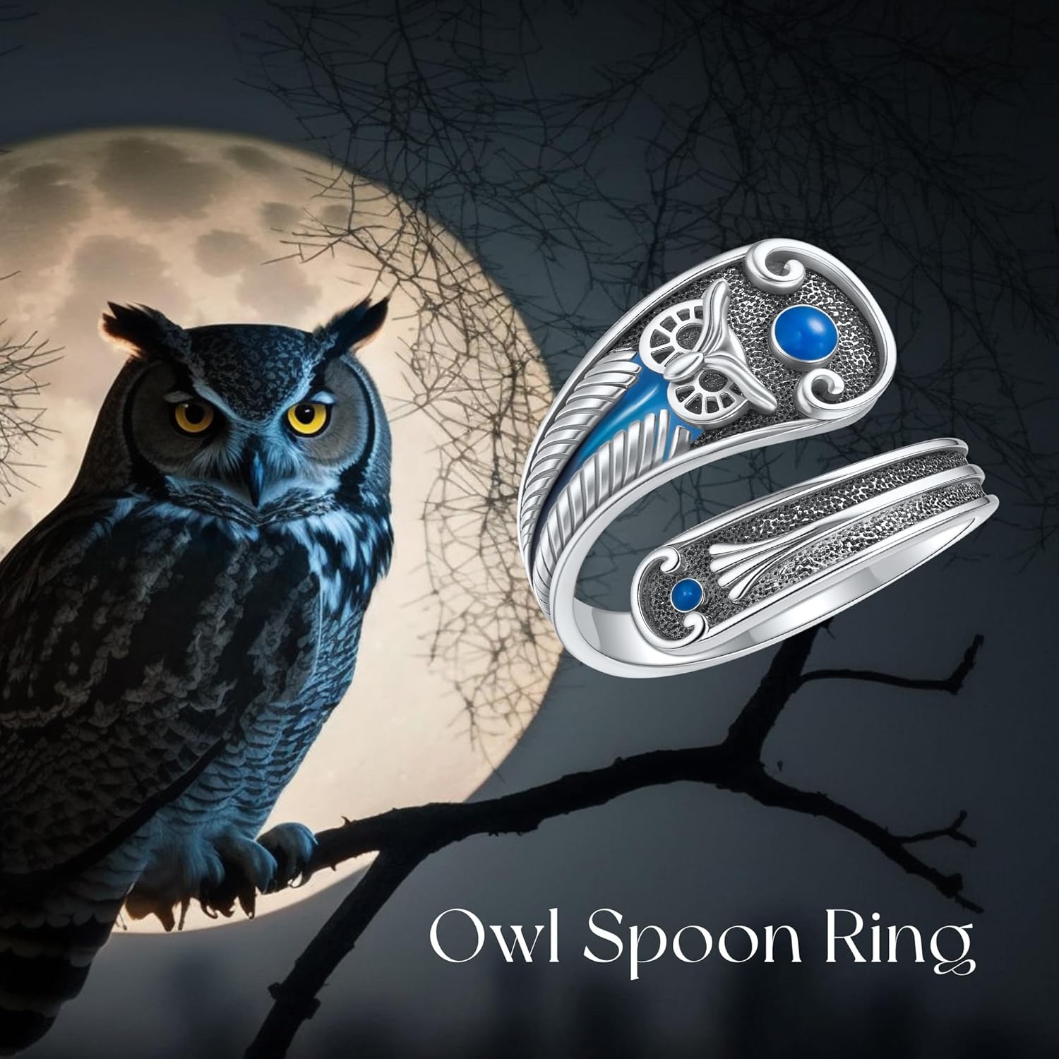 YAFEINI Owl Spoon Ring S925 Sterling Silver Adjustable Thumb Rings Vintage Owl Jewelry Gifts for Women Mom Wife