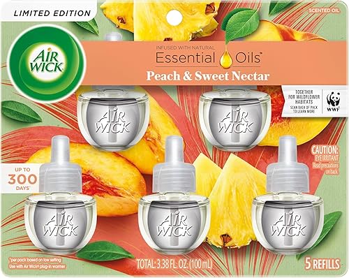 Air Wick Repuesto de aceite perfumado enchufable, 5 unidades, melocotón fresco y néctar dulce, ambientador, aceites esenciales, colección de