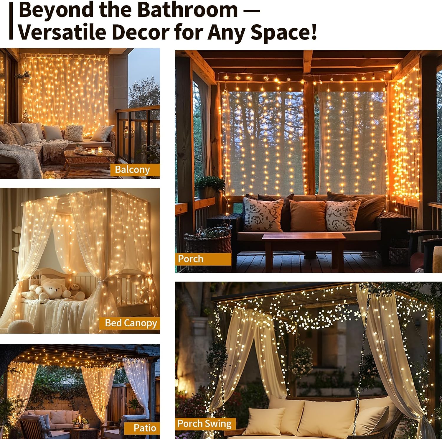 Waterproof LED Shower Curtain Lights - 72 Inch Fairy Lights for Bathroom, 8 Modes Warm White Spa Mood Lighting for Dark Bathrooms and Outdoor Décor (No Curtain)