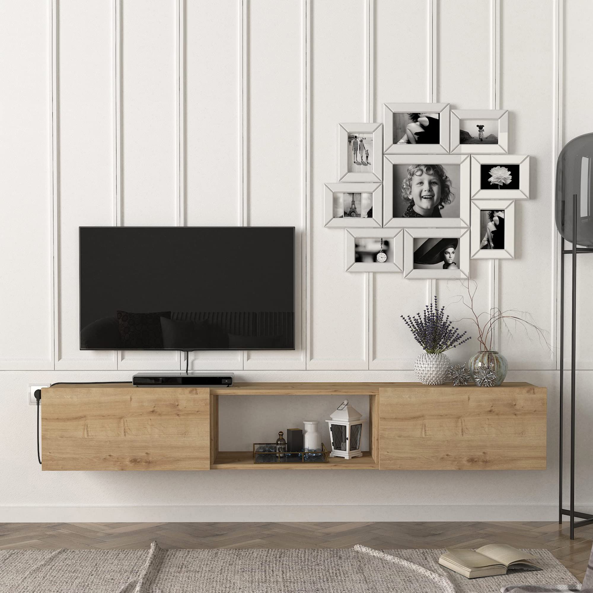 [en.casa] Mobile TV da Parete 180 x 31 x 29,5 cm Mensola Porta TV con 3 Scomparti 2 Vani con Ante a Ribalta Armadietto Pensile da Soggiorno Camera da Letto - Effetto Rovere