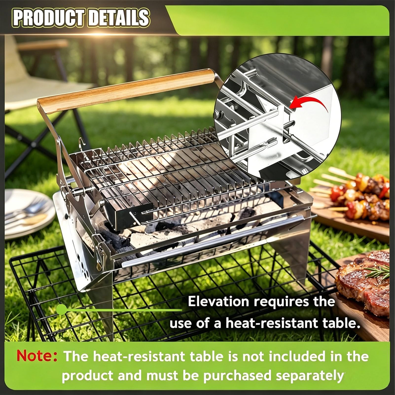 Obrotowy grill o 360°, siatka do gotowania ze stali nierdzewnej na kemping, pikniki i imprezy na plaży, zdejmowane narzędzie do gotowania na węgiel drzewny