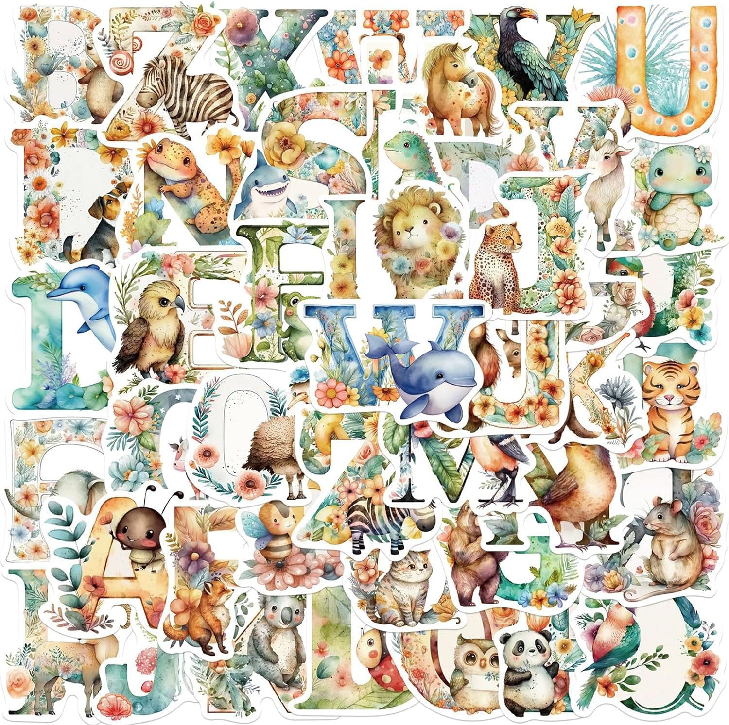 50Pcs Alphabet Letters Thick Gel Clings Cute Animals Alphabet ABC Window Gel Decals Colorful Uppercase Animals Stickers (Letter)