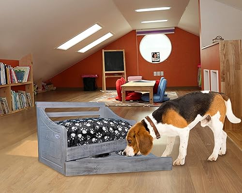 Miniatura 3 de Iconic Pet Sassy Paws - Cama multiusos de madera para mascotas con alimentador, color gris antiguo, tamaño mediano, comodidad elegante para tu
