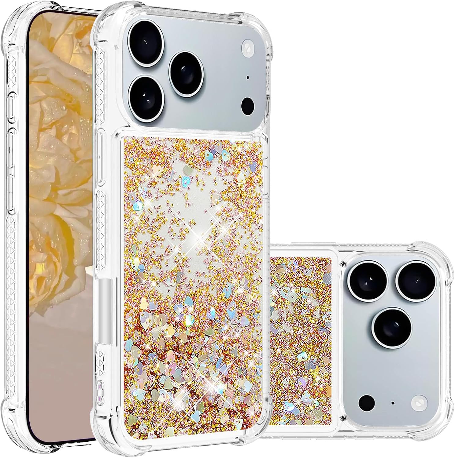 Glitter Case for iPhone 17 Pro Clear Flowing Liquid Quicksand Sparkly Bling Soft TPU Bumper Shockproof Protective Phone Cover for Apple iPhone 17 Pro 6.3 inch. YBL Love Gold