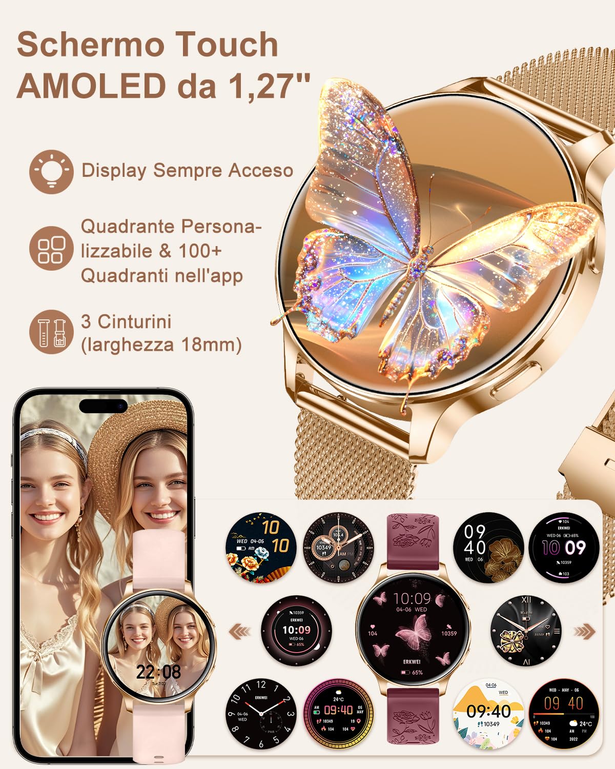 Orologio Smartwatch Donna Piccolo con Effettua/Risposta Chiamate 3 Cinturini 41mm AMOLED Smart Watch Rotondo per iOS Android Orologio Fitness Contapassi Sonno Cardiofrequen Calcolatrice, Oro Rosa