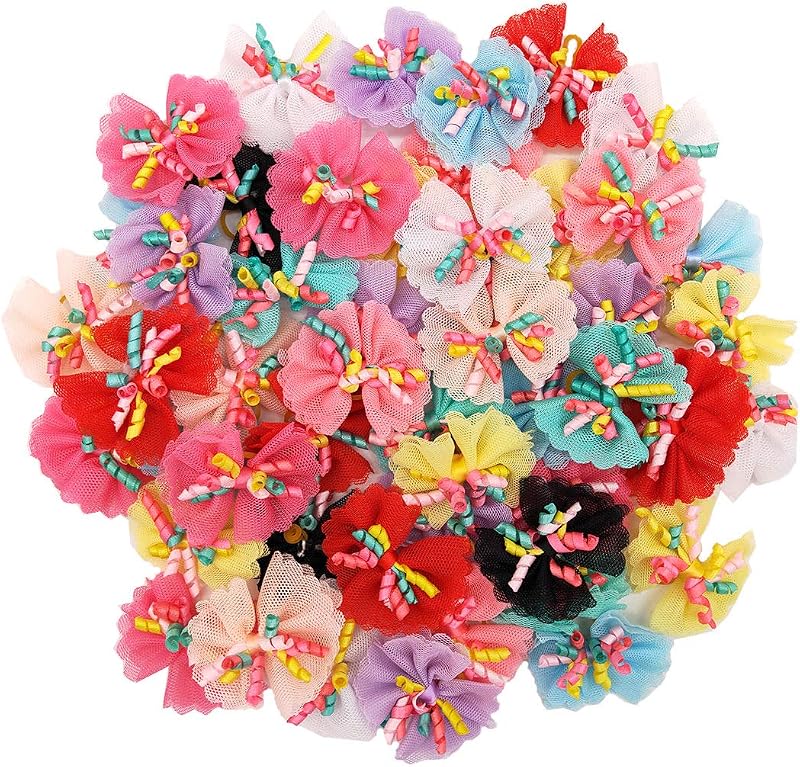 Sufermoe 32 Pcs Multicolored Dog Hair Bows with Rubber Bands, Hair Grooming Top Knots Pet Hair Accessories for Pet Cat Dog