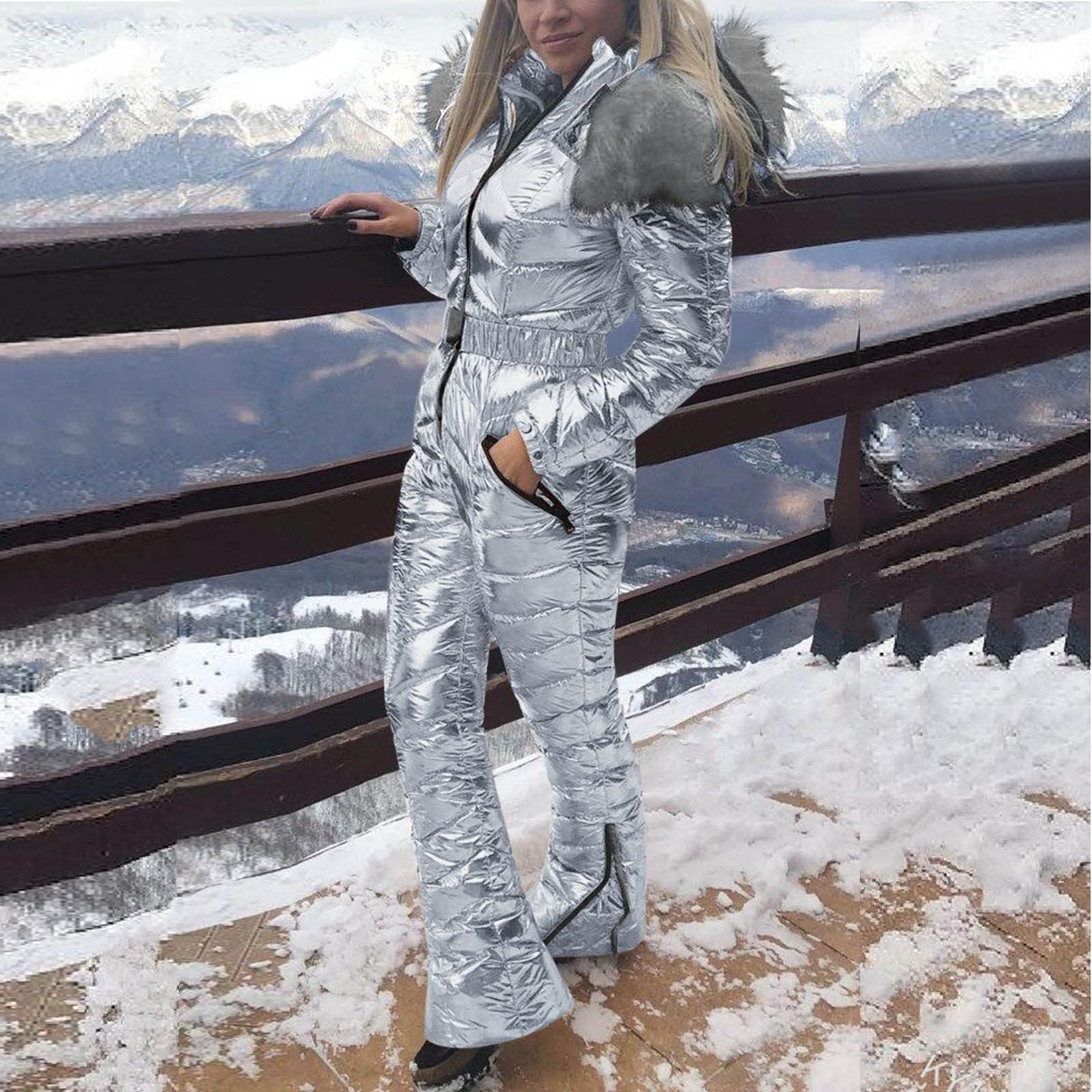 Tuta da sci da donna lucida metallizzata, tuta invernale da neve con cappuccio staccabile in pelliccia sintetica, impermeabile e antivento, attrezzatura da sci isolata, perfetta per sci, snowboard,