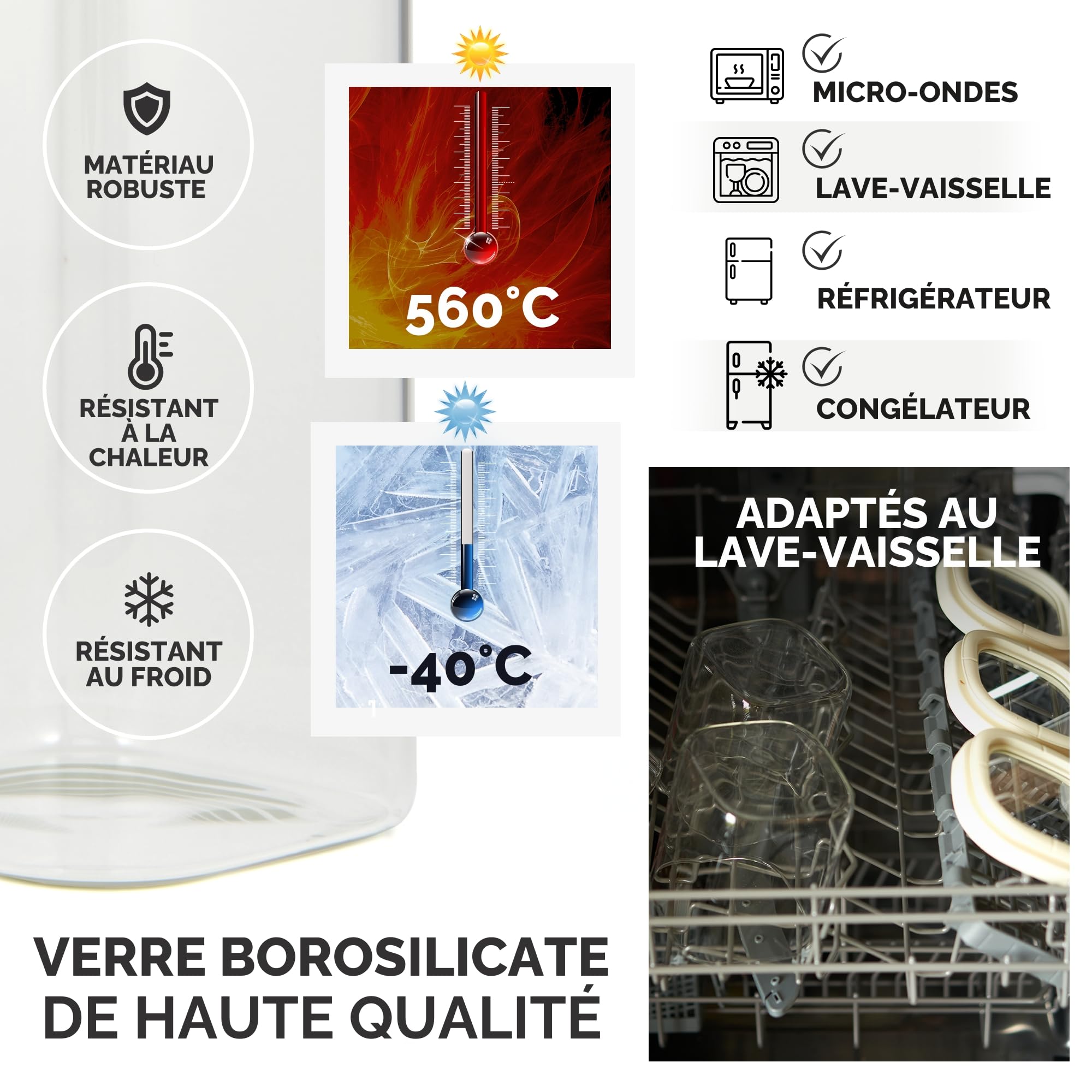 Bocaux Verre Hermétique Empilable, Set de 4 Verre Borosilicate Robuste + Etiquettes (4x 1500ml) - Boîte Rangement Cuisine - Pot Carrée