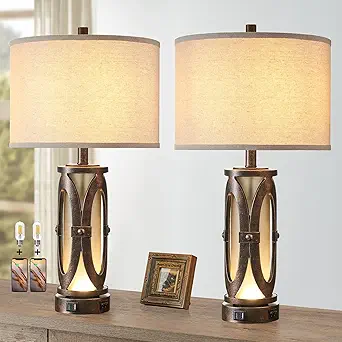 Table Lamps for Living Room Set of 2, Rustic Farmhouse Nightstand Lamp with Dual USB Ports, Vintage Bedroom Bedside Lamp with Night Light for End Table Entryway, Included 2 Bulbs