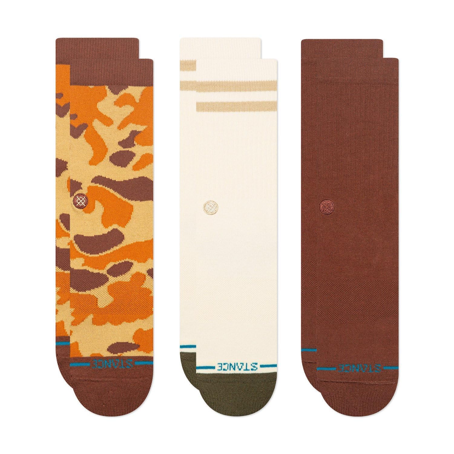 Stance Camo Crew 3 Pack Socks Brown Multi Patterned Striped Calf (UK, Alpha, L, Regular, Regular)