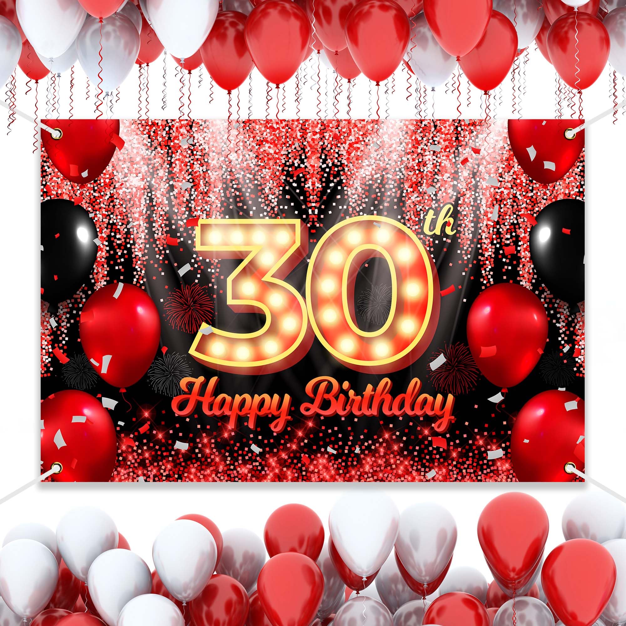Pancarta de fondo de feliz 30 cumpleaños, fondo temático negro y rojo con neón brillante, fiesta de cumpleaños, fotografía, fondo para hombres y mujeres, celebración, 71 x 47.2 pulgadas BECKTEN