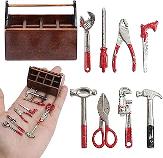 Miniature Tool Box Dollhouse 1/12 Scale Kit Set, 8Pcs Metal Working Tools with Mini Wood Toolbox, Doll Garage Accessories, Tiny Model for House Building, Garden Outdoor Repair, Rustic Farm Crafts