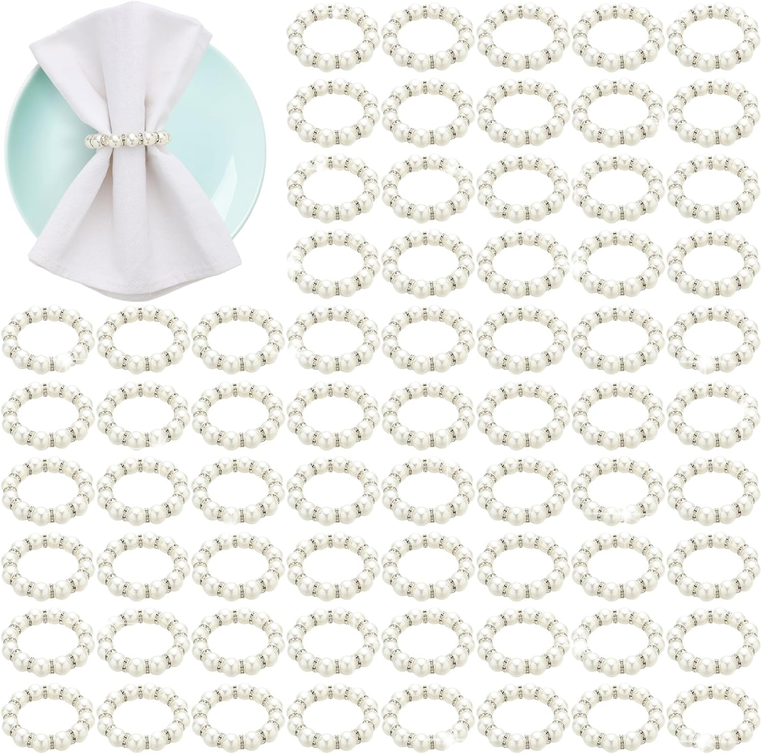 Uiifan 150 Pcs Pearl Napkin Rings for Wedding White Silver Napkin Ring Holder Imitation Beaded Elegant Rhinestone Serviette Buckles Bulk for Bridal Shower Table Decor Wedding Home Dinner Party