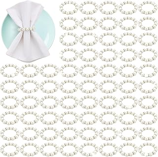 Uiifan 100 Pcs Pearl Napkin Rings for Wedding White Silver Napkin Ring Holder Imitation Beaded Elegant Rhinestone Serviette Buckles Bulk for Bridal Shower Table Decor Wedding Home Dinner Party