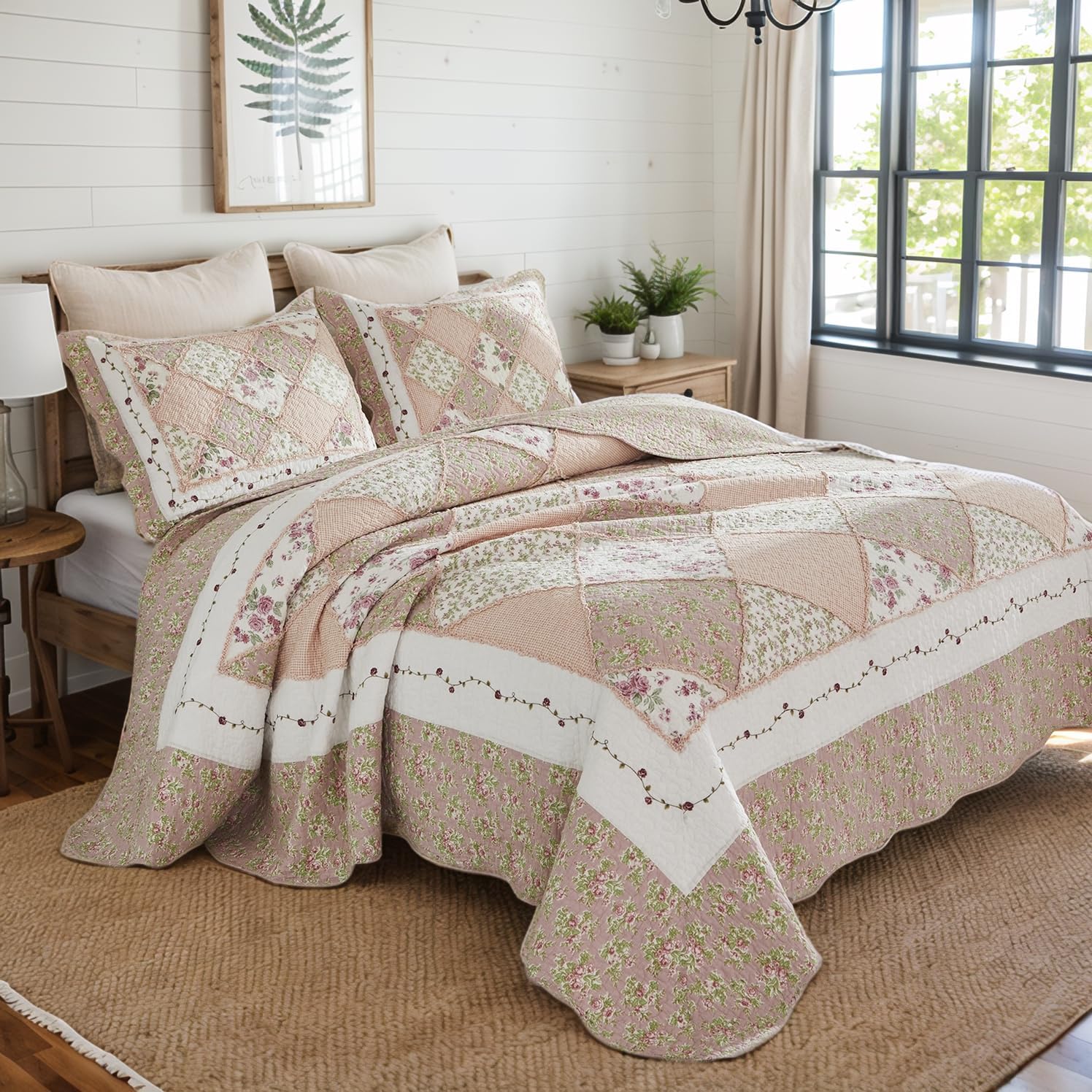 Brandream Queen Size Quilt Set Cotton Patchwork Quilts Blush Pink Country Floral Bedding Patchwork Quilted Comforter Set 3-Piece - Image 3