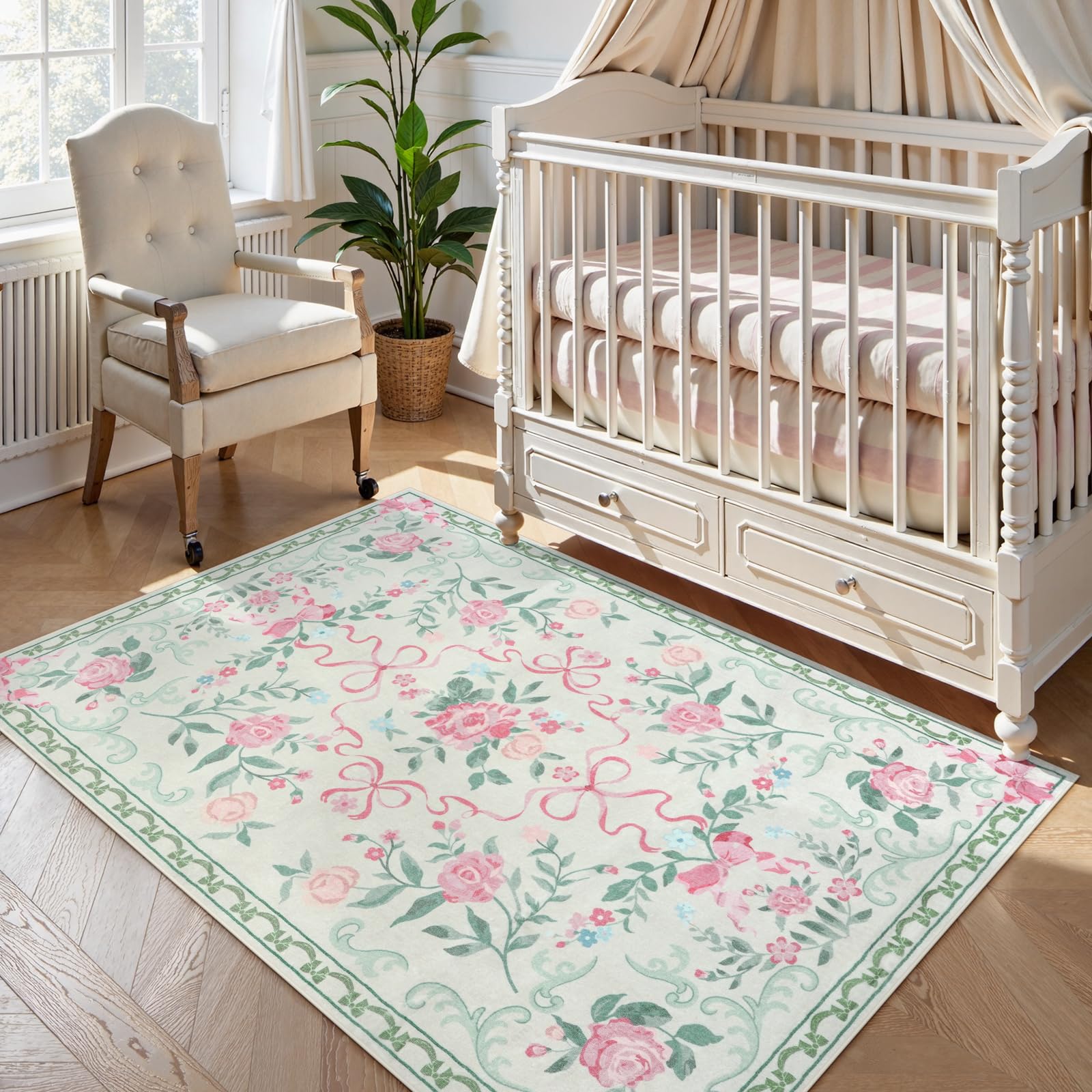 Collive 3x5 Green Floral and Bow Washable Nursery Rug for Girls Bedroom — image 1