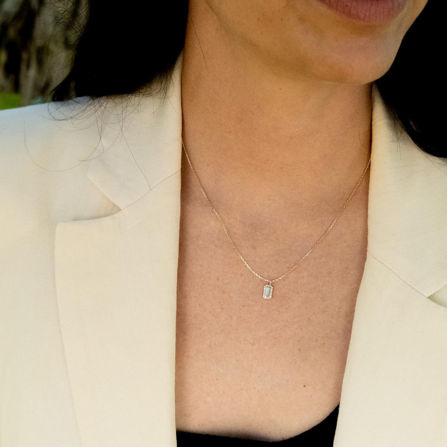 espere 14K Yellow Gold Lab Diamond Mini Tag Necklace 18'' | Womens' Rectagular Pendant Necklace for Layering - Image 2