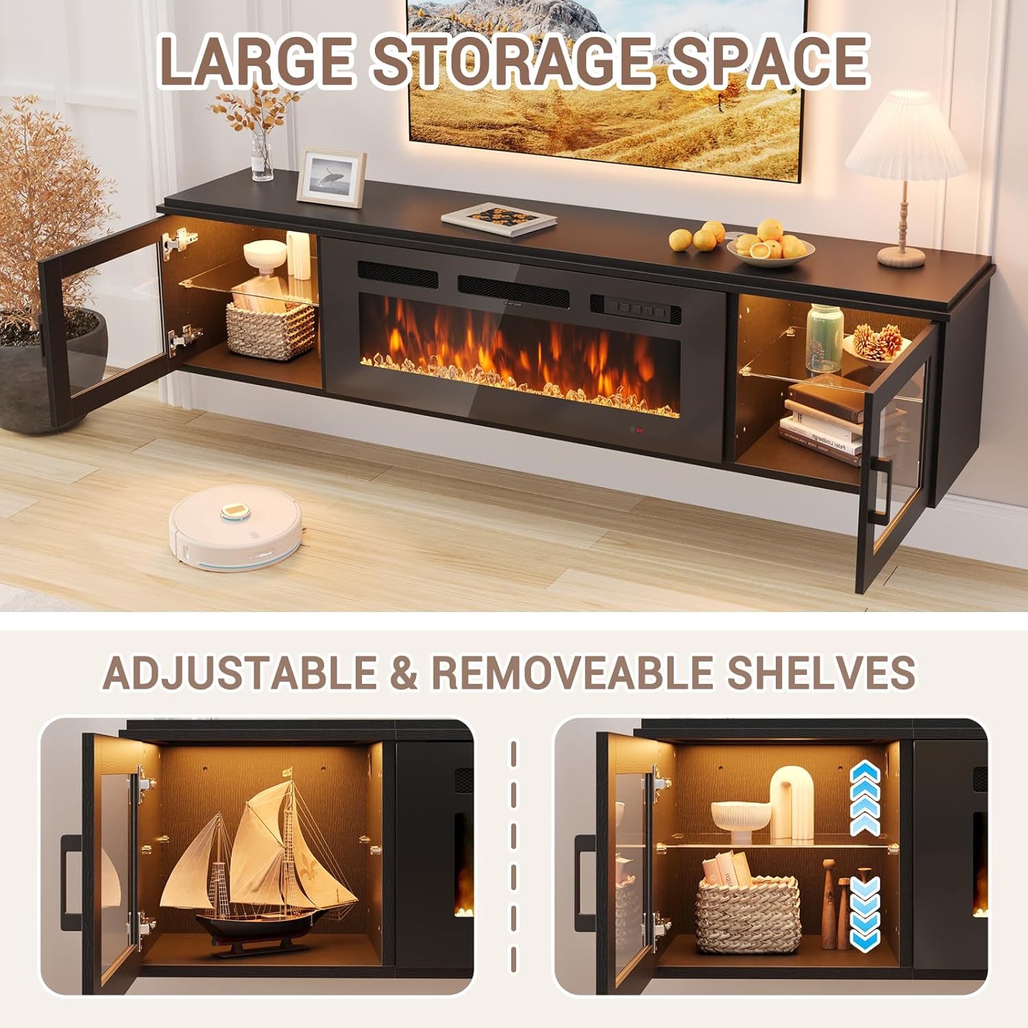 70" Floating TV Stand with 36" Electric Fireplace, Wall Mounted Fireplace Entertainment Center with Storage for TVs Up to 80", Black TV Console for Living Room