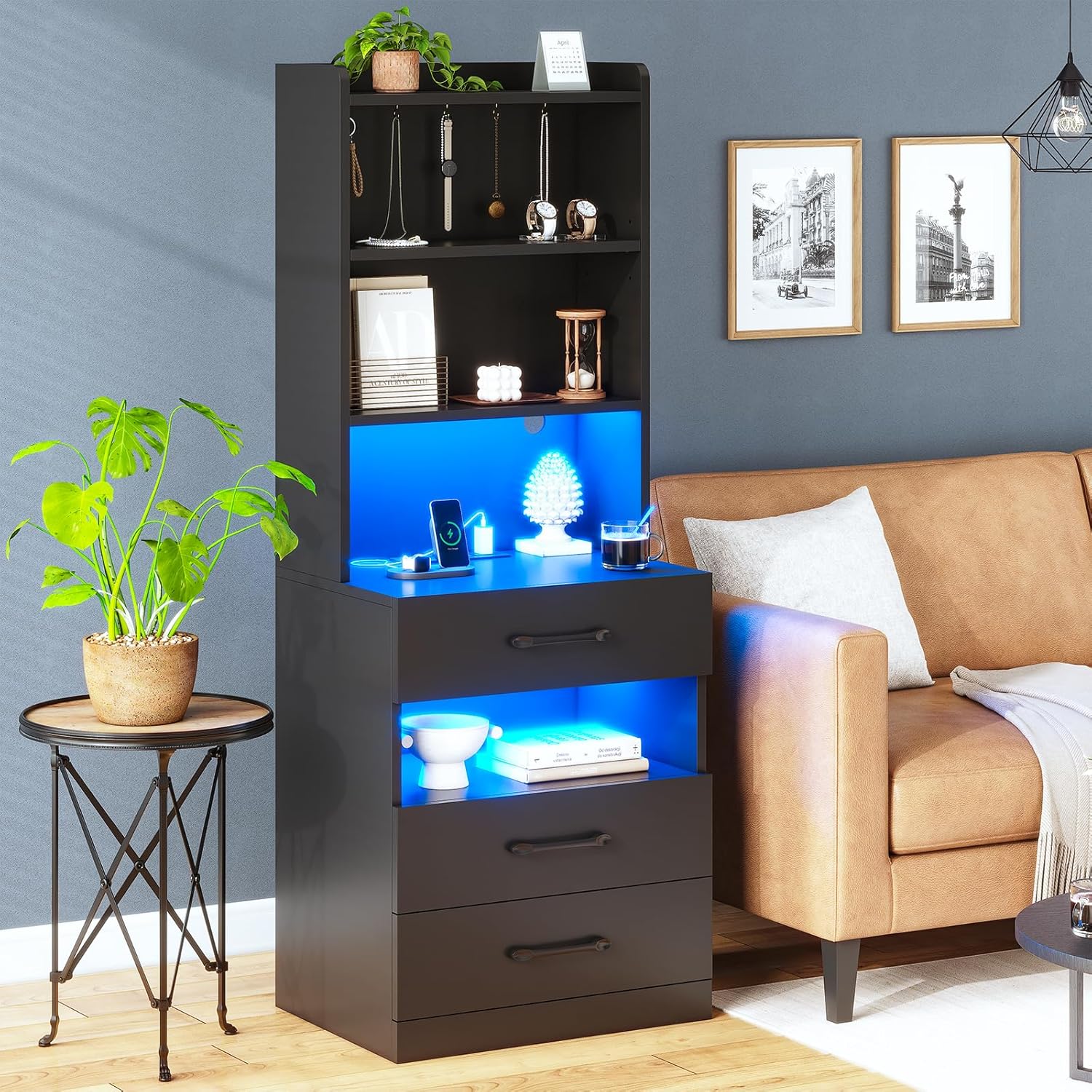 AOGLLATI Tall Nightstand with Charging Station and LED Lights, Night Stand with 3 Drawers and Storage Shelves, Bedside Table with Bookshelf, Modern End Side Table for Bedroom, Black