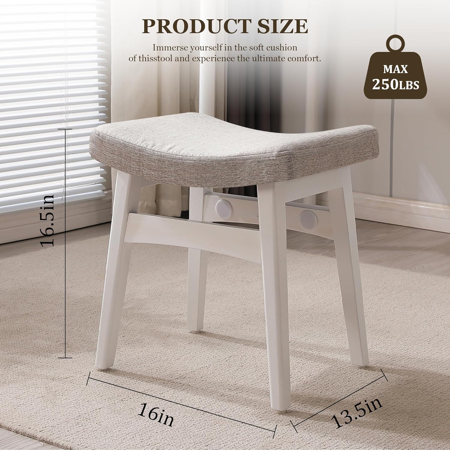Vanity Stool, Saddle Cushion Foot Stool, Modern Vanity Bench Ottoman with Solid Wood Legs and Upholstered Seat for Entryway, Bedroom, White Color Leg - Grey Linen Fabric Cushion