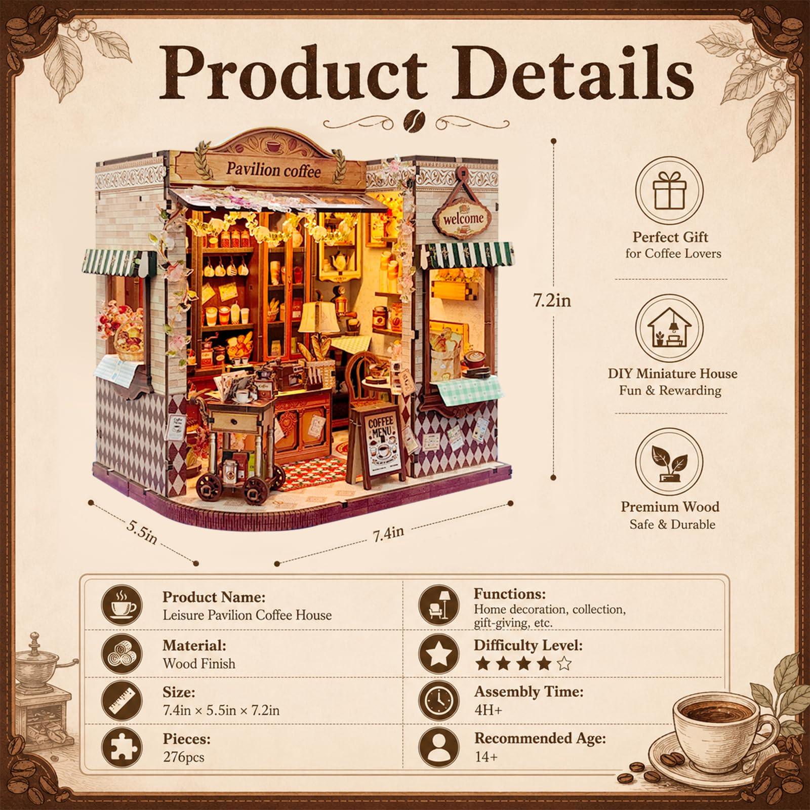 Puzzle 3D in legno fai da te in miniatura, kit fai da te, padiglione per il tempo libero, caffetteria con luce LED, 276 pezzi, kit di modellini retrò per casa delle bambole, hobby creativo in legno