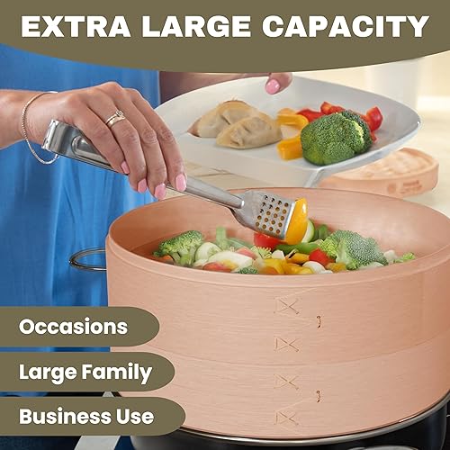 Miniatura 3 de Cesta para cocinar al vapor de bambú de 2 niveles - Cestas de 30 cm con asa, revestimiento de silicona, adaptador, prensa para masa y cortador de