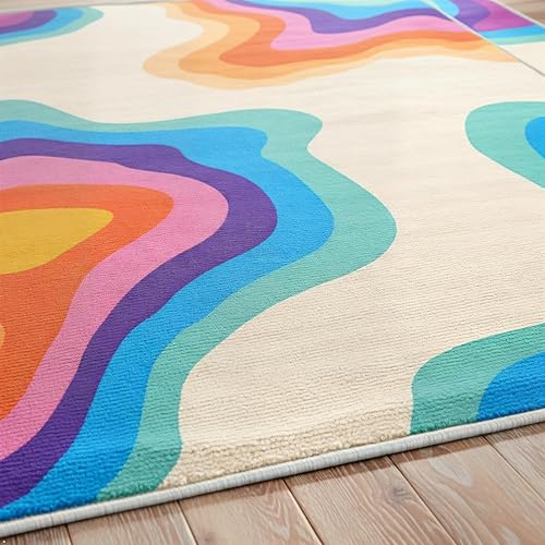 Miniatura 4 de Alfombras retro coloridas para dormitorio, alfombras lavables con remolinos ondulados para sala de estar, 4 x 7 pies, alfombra de área de diseño