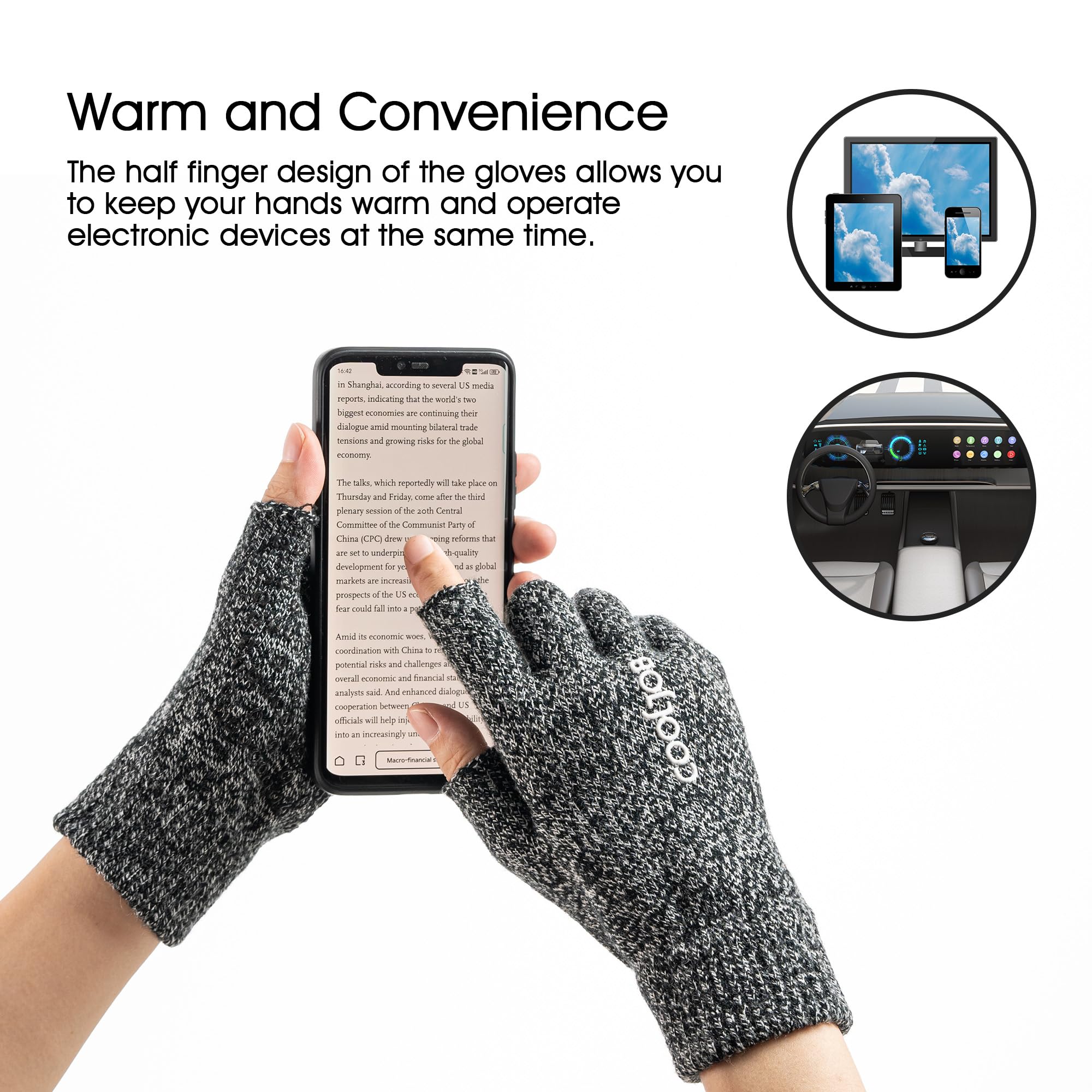 COOLJOB Lot de 2 paires de gants sans doigts pour homme et femme, gants chauds en tricot, antidérapants pour le travail à la maison et les sports de plein air