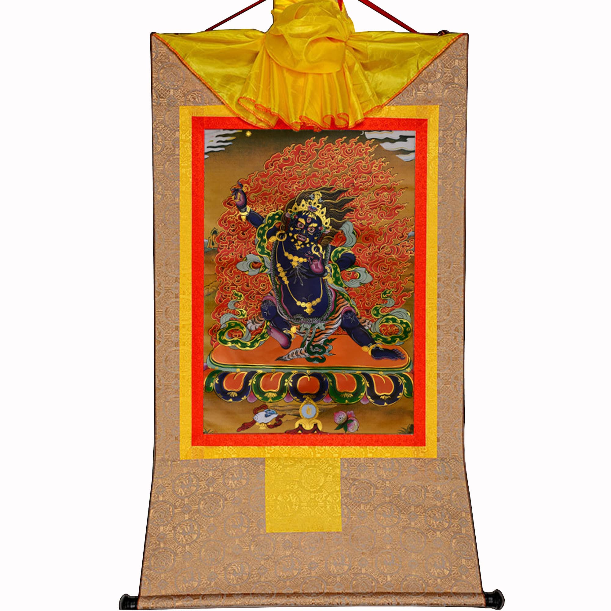 Gandhanra Beige Tibetan Buddhist Thangka Wall Hanging,Vajrapani Thangka,Hot Stamped Brocade Buddhist Tapestry For Zen Home Decor, Meditation, Spiritual Relaxation